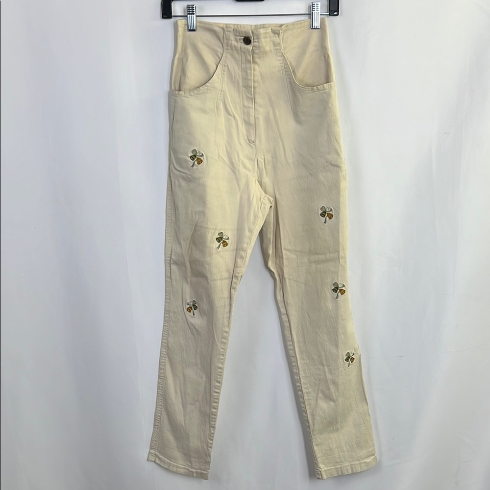 Cream Embroidered High-Waisted Pants bell embroidered slim leg straight cut